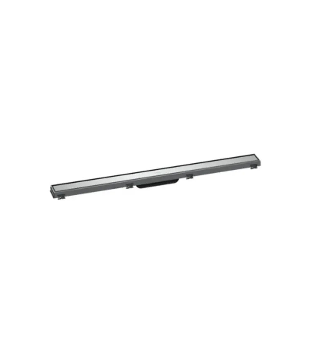 Duschrinne von Hansgrohe in länglicher Form, mit höhenverstellbarem Rahmen und chromfarbener Oberfläche, auf neutralem Hintergrund.